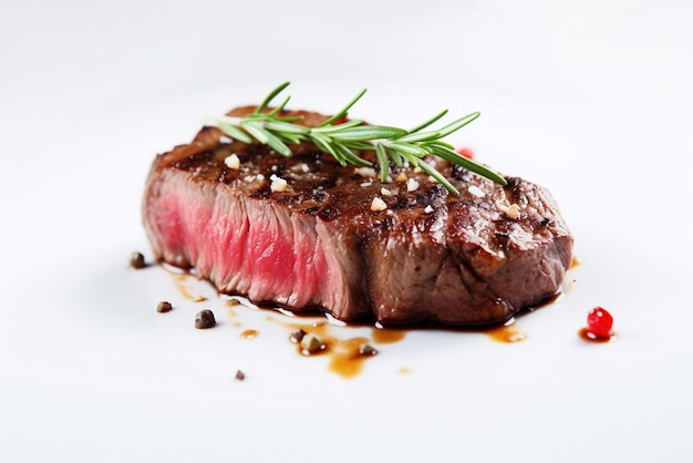 Délicieux steak de boeuf grillé dans un fond blanc clair avec feu et fumée photographie alimentaire style alimentaire