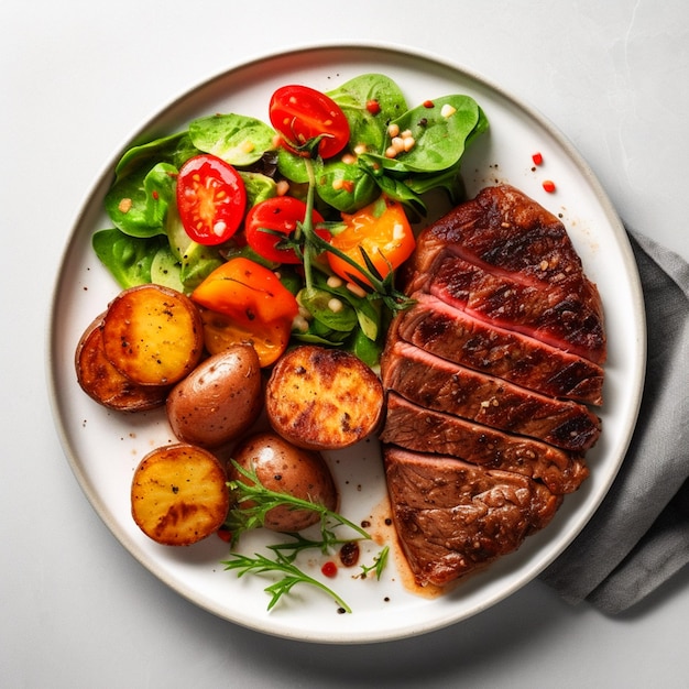 Photo un délicieux steak de bœuf grillé et des pommes de terre rustiques.