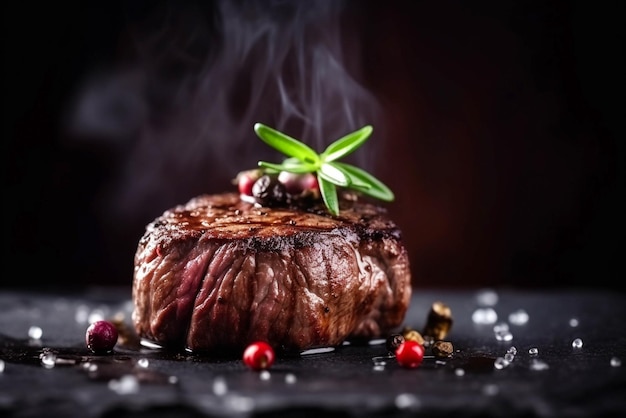 Délicieux steak de boeuf grillé sur une table dans un fond noir foncé avec du feu et de la fumée photographie alimentaire style alimentaire