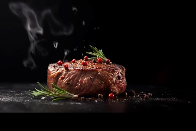 Délicieux steak de boeuf grillé sur une table dans un fond noir foncé avec du feu et de la fumée photographie alimentaire style alimentaire