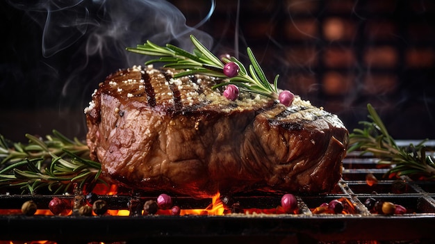 Délicieux steak de bœuf grillé en tranches avec sauce tomates et romarin image générée par l'IA