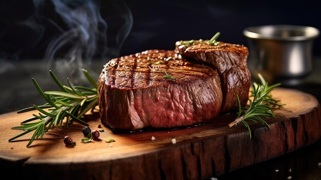 Délicieux steak de bœuf grillé en tranches avec sauce tomates et romarin image générée par l'IA