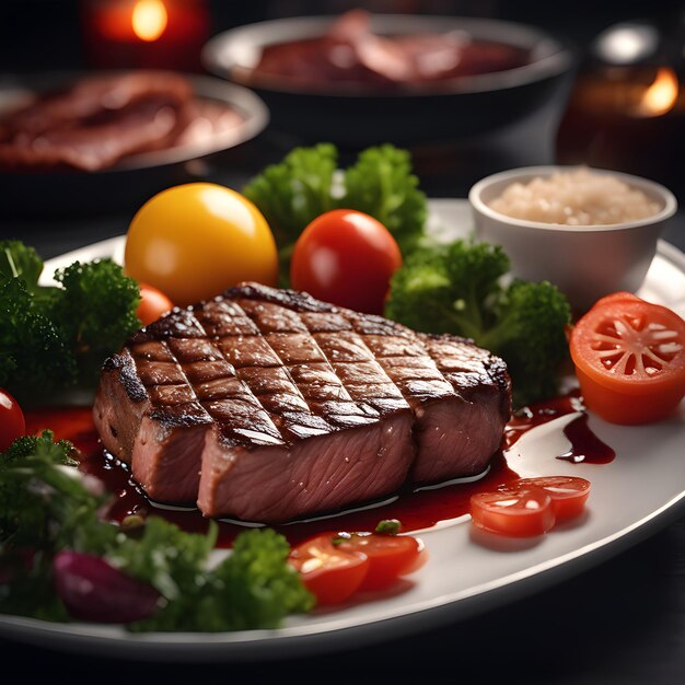Un délicieux steak de bœuf avec des légumes sur une planche de bois.