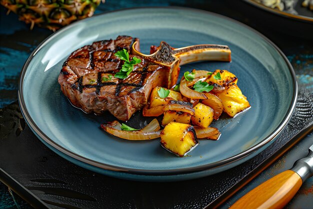 Photo délicieux steak de côtes grillées avec oignons et cornichons