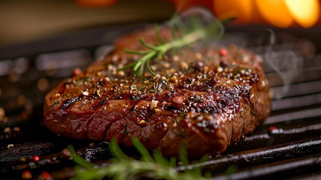 Photo un délicieux steak sur le gril avec des herbes en cuisson.