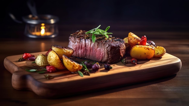 Un délicieux steak sur une planche à découper en bois avec un