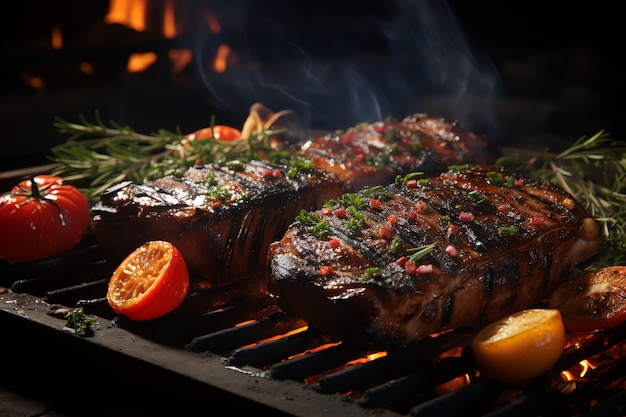 un délicieux steak de porc sur le grill avec le feu