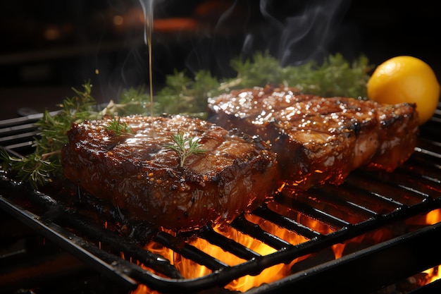 un délicieux steak de porc sur le grill avec le feu