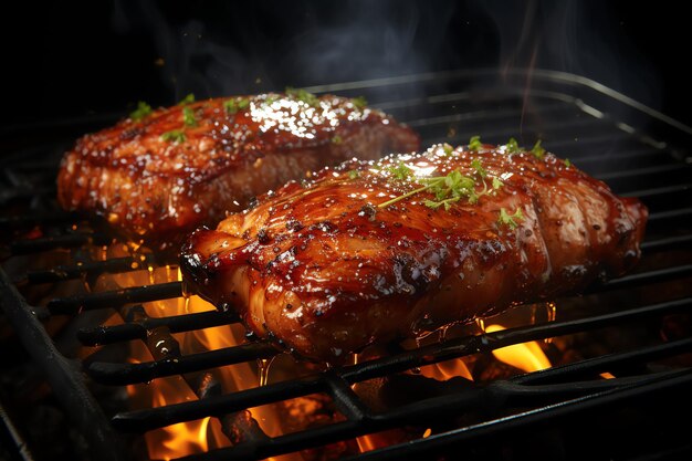 un délicieux steak de porc sur le grill avec le feu