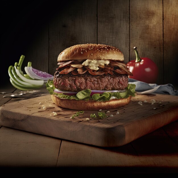 Photo délicieux steakburger fait maison sur une vieille table en bois. gros plan sur les aliments gras malsains.