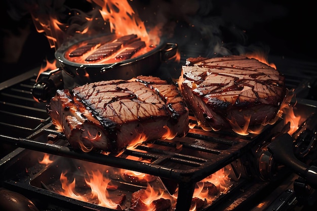 De délicieux steaks de porc ou de bœuf grillés tombent.