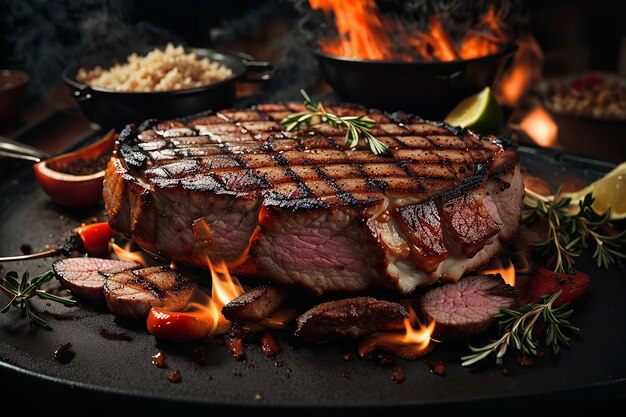 Photo de délicieux steaks de porc ou de bœuf grillés tombent.