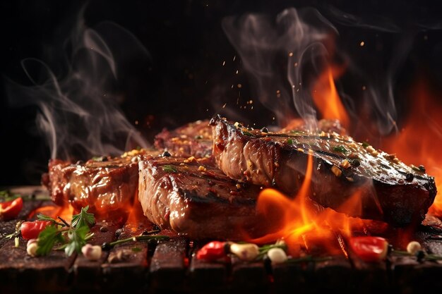 Des délicieux steaks de porc ou de bœuf grillés tombent.