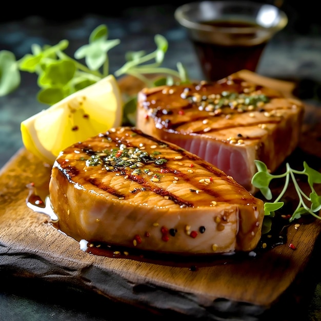 Délicieux steaks de thon frais marinés dans un glaçage au soja et au miel grillés sur un plateau en bois