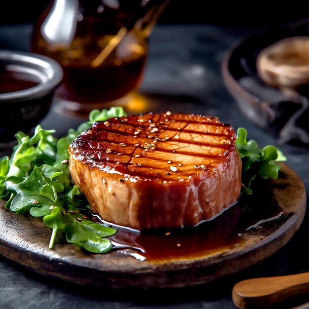 Délicieux steaks de thon marinés dans un glaçage au soja et au miel grillés sur une assiette arrondie