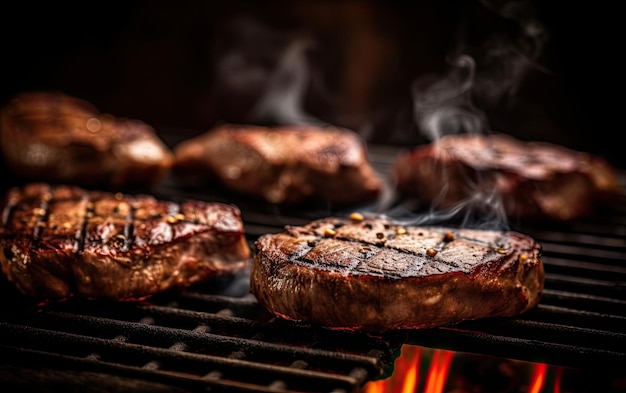 Délicieux steaks de viande rôtie cuisant sur le gril avec des flammes