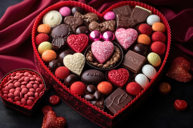 Délicieux et sucrés bonbons au chocolat en forme de coeur dans une boîte pour la Saint-Valentin