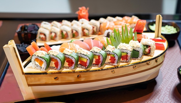 Délicieux sushi japonais dans un bateau en bois Photo HD