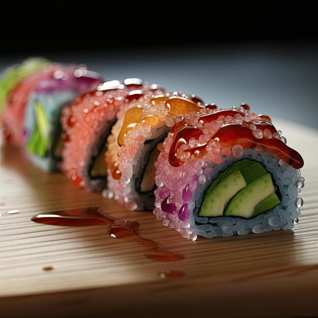 Délicieux sushis aux légumes et sauce sur une planche de bois