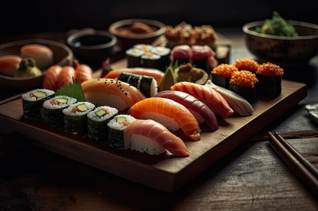 De délicieux sushis sur une planche de bois sur une table