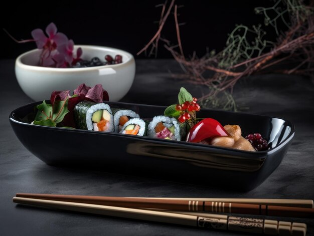 Photo délicieux sushis sur table noire cuisine japonaise ai générative