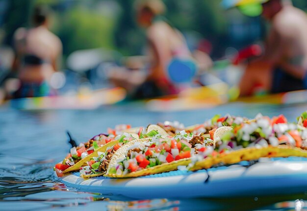 Un délicieux taco étalé sur une planche de paddle SUP nourriture mexicaine pour un déjeuner en plein air sur la plage