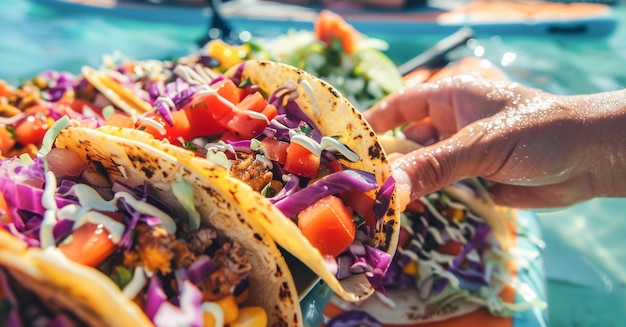 Photo un délicieux taco étalé sur une planche de paddle sup nourriture mexicaine pour un déjeuner en plein air sur la plage