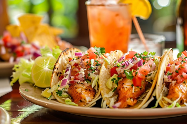 De délicieux tacos au poisson avec des boissons rafraîchissantes sur l'assiette