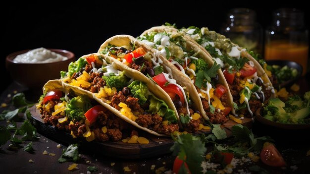 Délicieux tacos remplis de légumes et de viande sur une assiette avec un arrière-plan flou