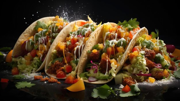 Délicieux tacos remplis de légumes et de viande sur une assiette avec un arrière-plan flou