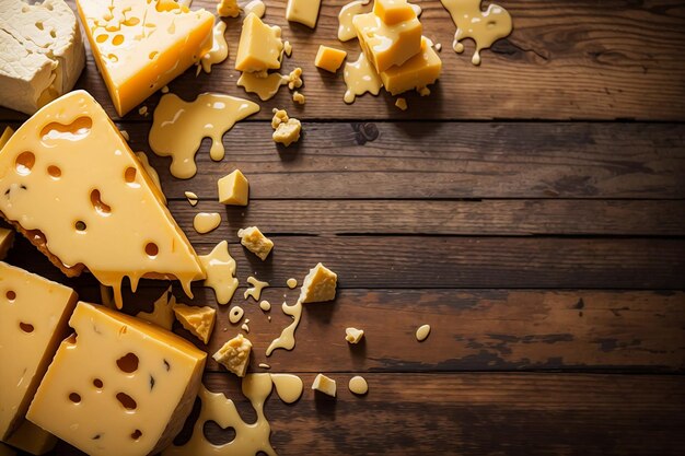 Un délicieux tas de fromage fondu sur table en bois et fond de bois