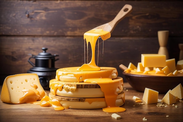 Un délicieux tas de fromage fondu sur table en bois et fond de bois