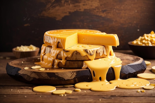 Un délicieux tas de fromage fondu sur table en bois et fond de bois