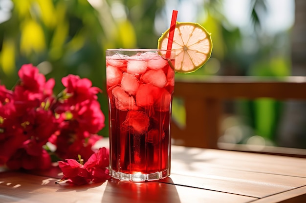 Photo délicieux thé glacé à l'hibiscus sur des feuilles de thé vert de table