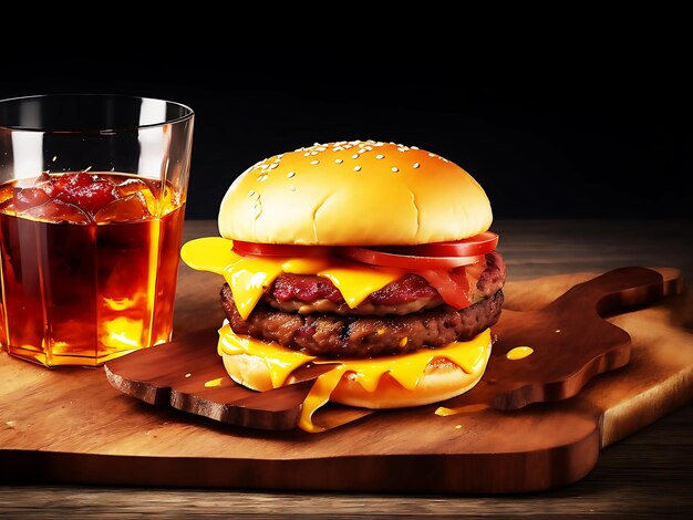 Photo un délicieux triple hamburger à la viande avec du bacon brûlant et un cheeseburger jaune crémeux avec de la bière