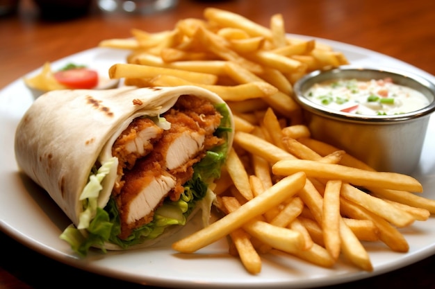 Délicieux wrap au poulet avec pain tortilla et côtés de frites générés Ai