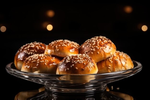 Delicious buns sucrés dans le bol et le décor sur la table contre un fond noir avec des lumières floues