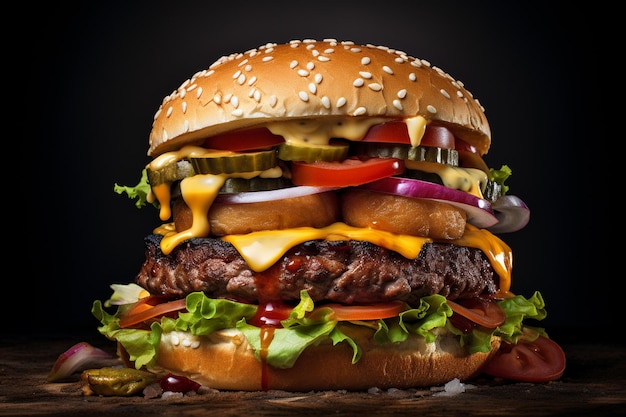 Photo delicious burger servi sur une table sur un fond noir