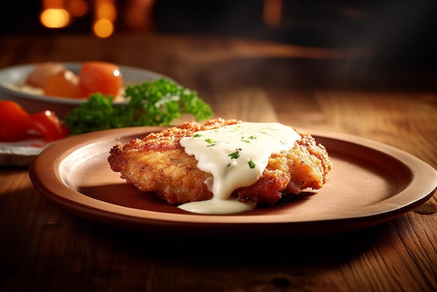 Photo delicious chicken fried steak sur une table en bois créée avec des outils d'ia génératifs