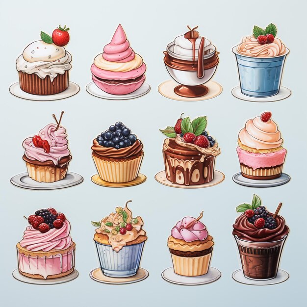 Photo delicious délicieux cupcakes vectoriels isolés sur fond blanc dessins animés délicieux cupcakes en couleurs vives