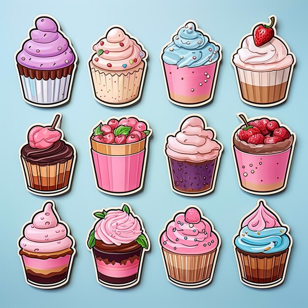 Photo delicious délicieux cupcakes vectoriels isolés sur fond blanc dessins animés délicieux cupcakes en couleurs vives