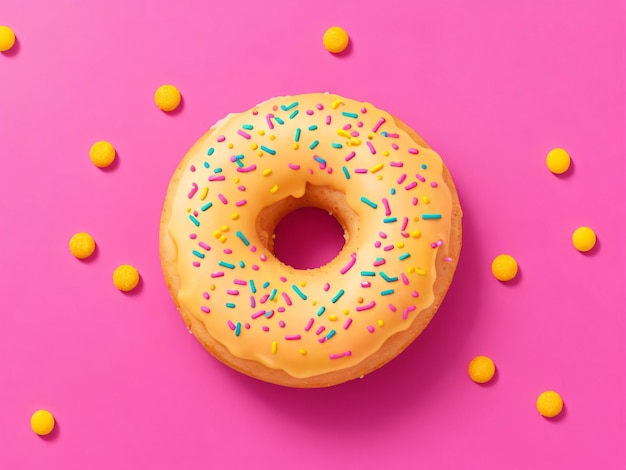 Delicious donut jaune avec des éclaboussures multicolores sur un fond rose rendu 3D