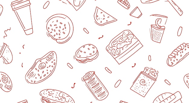 Delicious Fast Food Doodle Pattern Une ligne rouge Design artistique de hamburgers frites pizza et plus encore