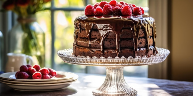Delicious gâteau au chocolat avec des framboises fraîches sur les desserts de la casserole