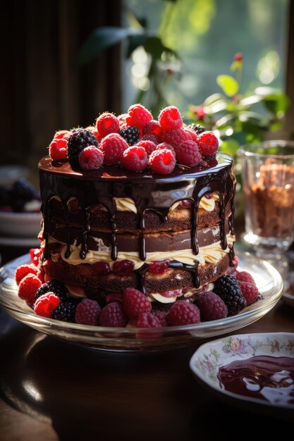 Delicious gâteau au chocolat avec des framboises fraîches sur les desserts de la casserole