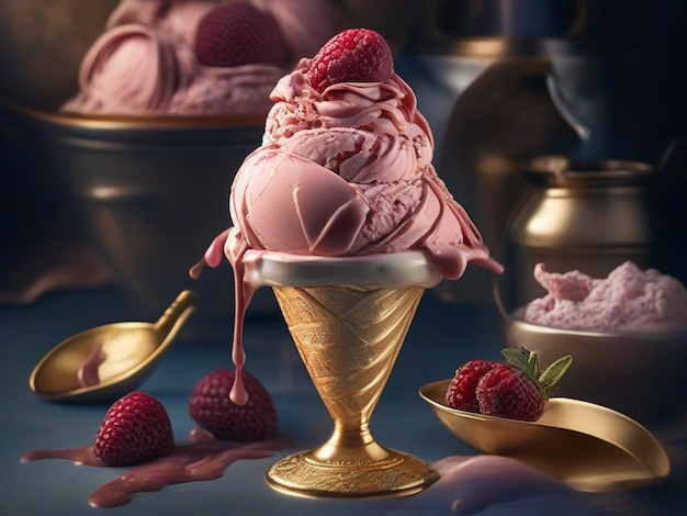 Photo delicious gelato de crème glacée dans le cône de waffle éclairage de studio et fond publicité cinématographique photographie
