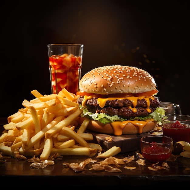 Delicious hamburger avec frites et boissons génératives ai