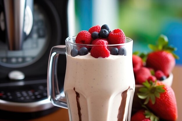 Delicious milkshake de fraise douce dans un pot de verre avec de la crème sur fond rose ai généré