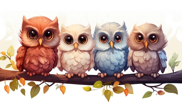 Delicious owl birds set drôles de chouettes animaux plumés assis sur les branches des arbres et regardant