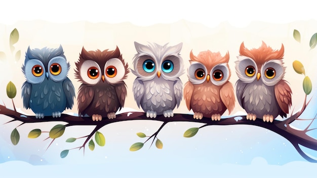 Delicious owl birds set drôles de chouettes animaux plumés assis sur les branches des arbres et regardant
